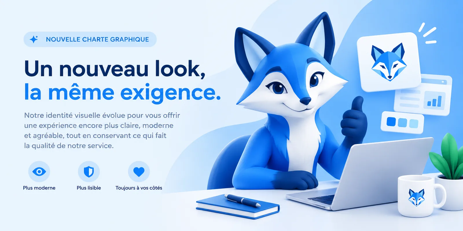 Le renard Fimorax, pouce levé devant un ordinateur, présente la nouvelle charte graphique